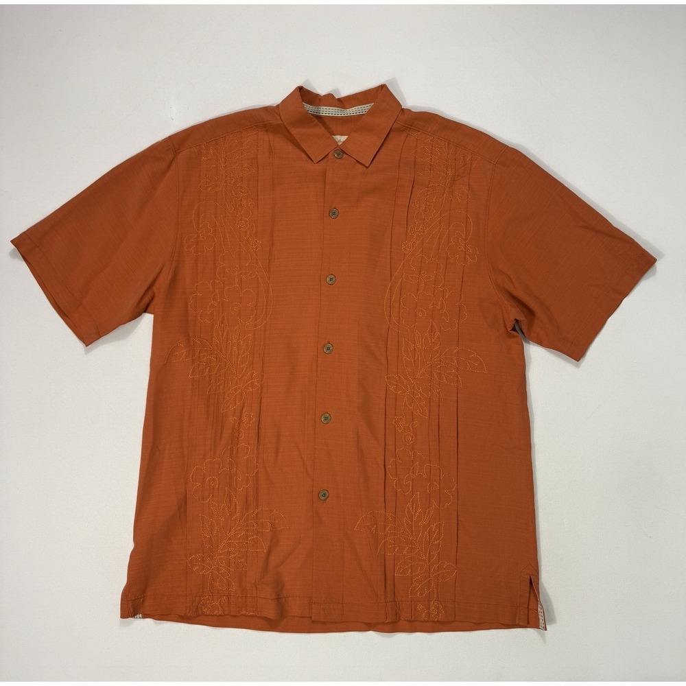 Tommy Bahama Mens Large Silk Cotton Orange Floral Embroidered Guayabera Shirt